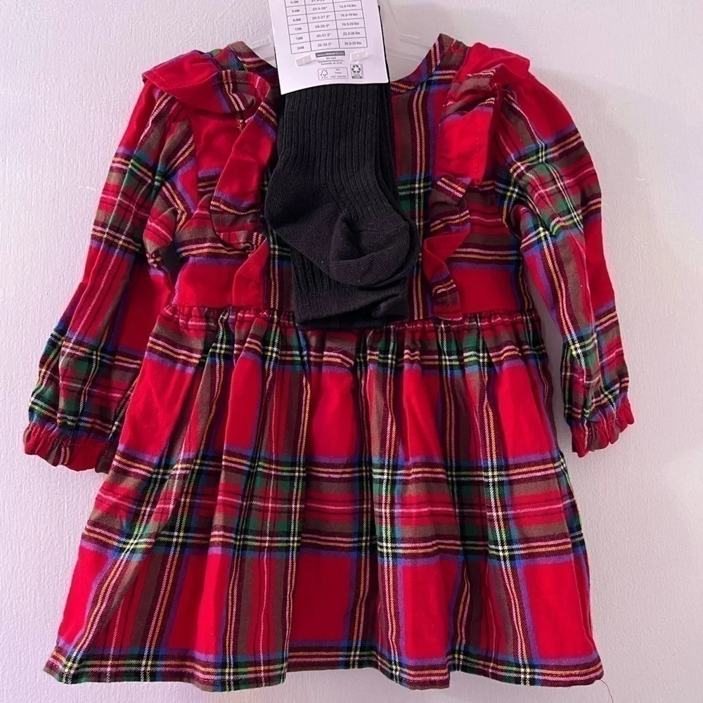 Baby Girls Plaid Dress Outfit with Matching Tights size 12M